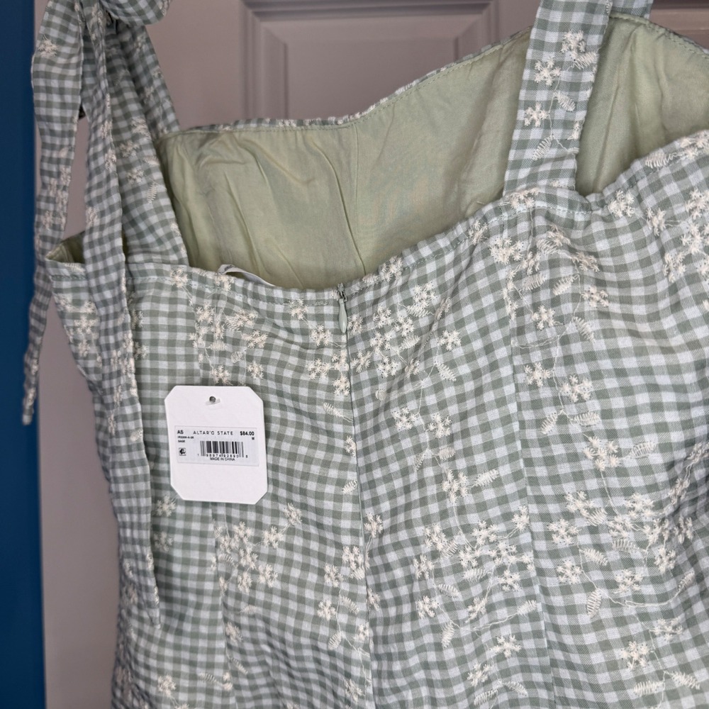 Altar'd State Size Medium Sage Green Gingham Floral Embroidered Tie Strap Romper - Picture 9 of 9